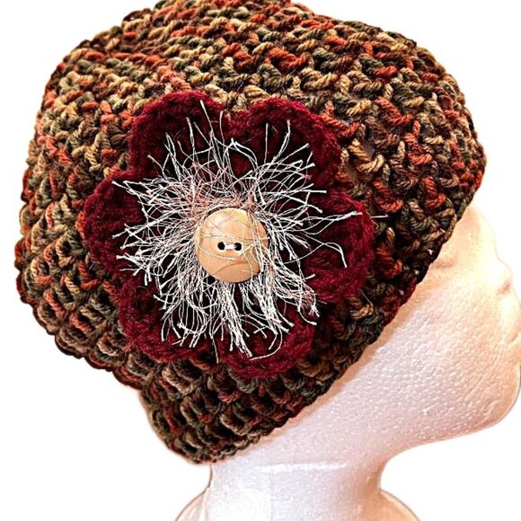 Crochet Handmade Womans Boho Flower Hat Beanie Variegated Autumn tones USA new - Picture 1 of 5